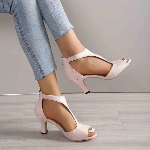 PEEP TOE HEELS | ELEGANT ANKLE STRAP SANDALS WITH MID HEEL