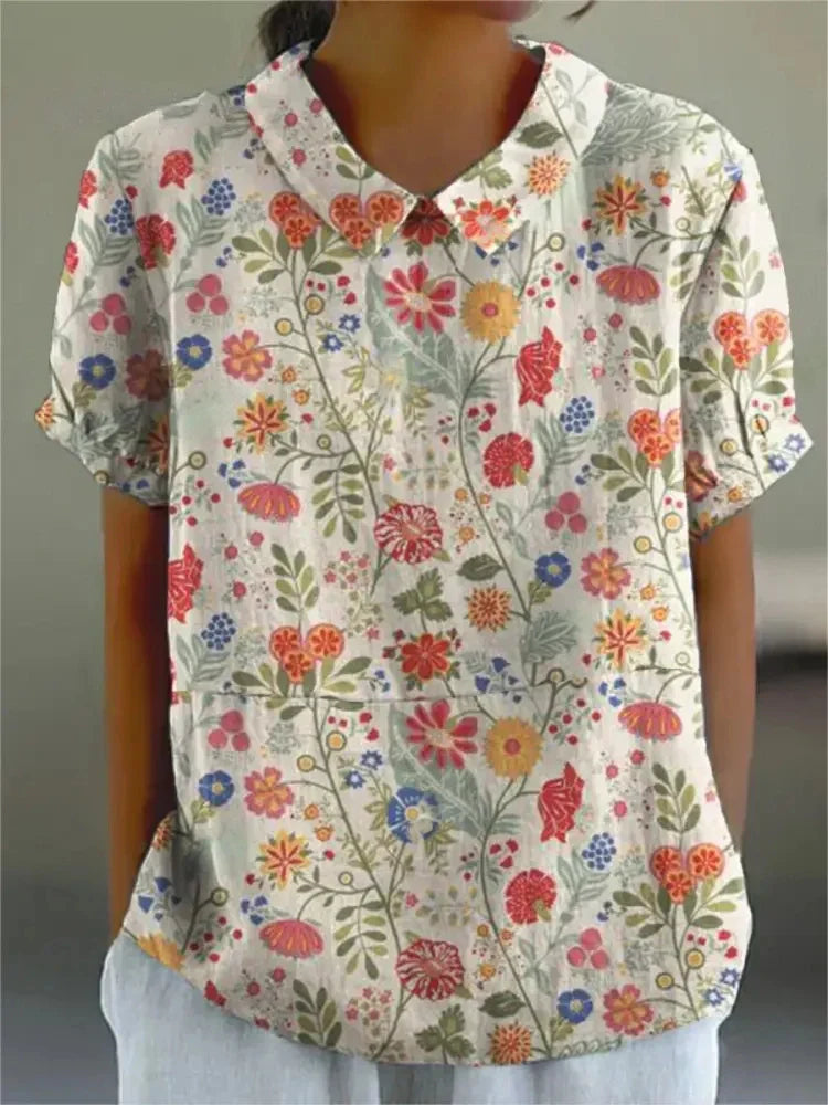 BOTANICAL CHARM | GREEN LINEN BLOUSE WITH FLORAL EMBROIDERY