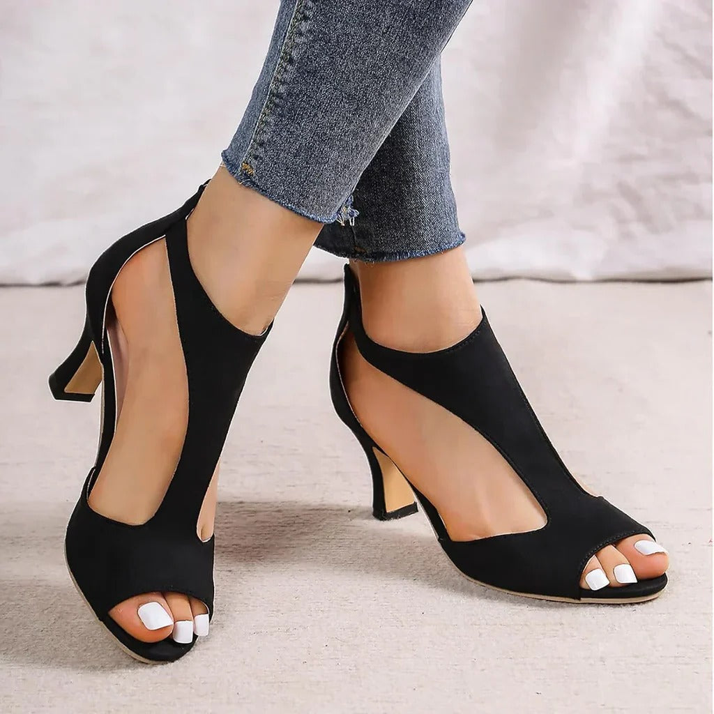 PEEP TOE HEELS | ELEGANT ANKLE STRAP SANDALS WITH MID HEEL