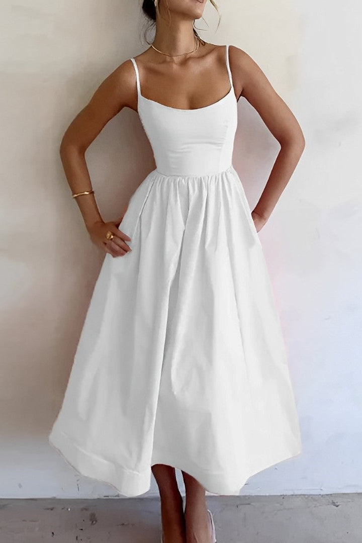 MIDI PARTY DRESS | FITTED SPAGHETTI STRAP FLARED SILHOUETTE