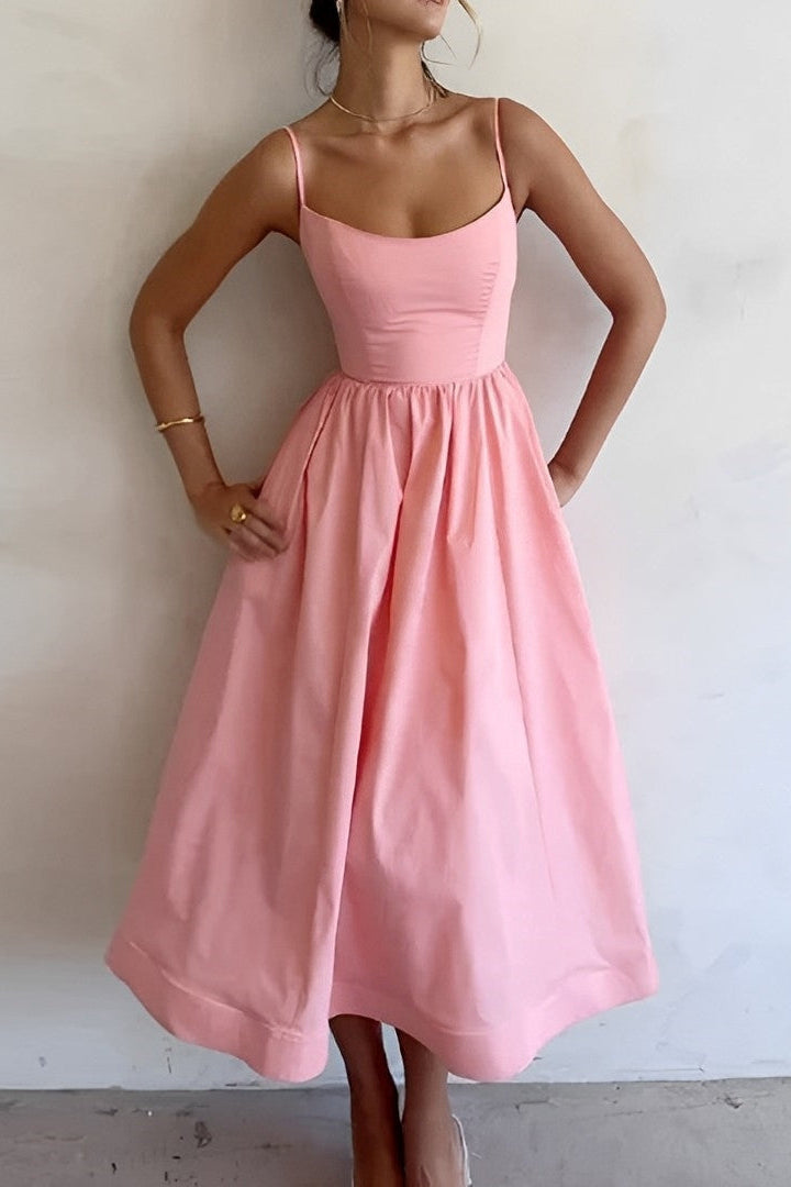 MIDI PARTY DRESS | FITTED SPAGHETTI STRAP FLARED SILHOUETTE