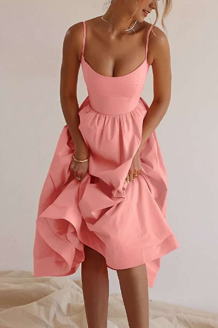 MIDI PARTY DRESS | FITTED SPAGHETTI STRAP FLARED SILHOUETTE