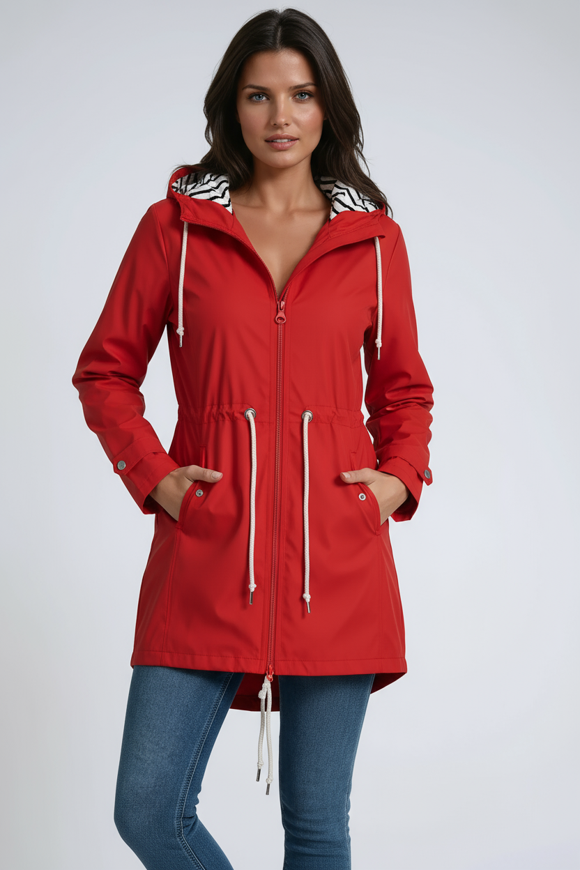 RAIN JACKET | PARKA COAT WITH HOOD AND DRAWSTRING WAIST