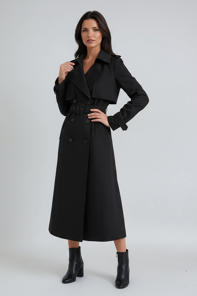 TRENCH COAT | LONG DOUBLE BREASTED COAT WITH BELT