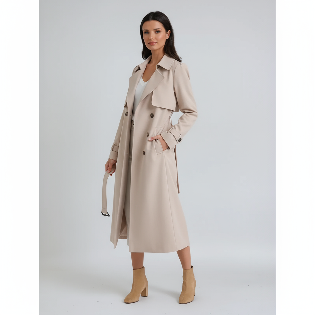 TRENCH COAT | LONG DOUBLE BREASTED COAT WITH BELT