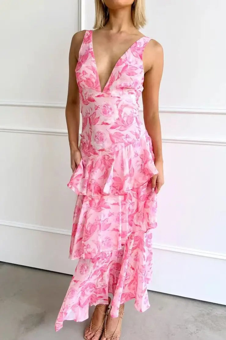 TIERED MAXI DRESS | BACKLESS DESIGN WITH LAYERED SKIRT