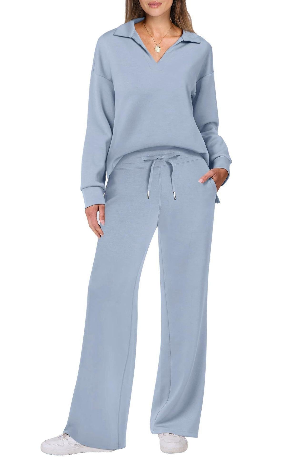 WOMEN’S LOUNGE SET | V-NECK COLLARED TOP & WIDE-LEG PANTS