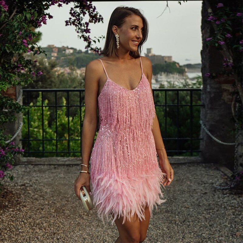SEQUIN MINI DRESS | FRINGE DETAILING & FEATHER TRIM HEM