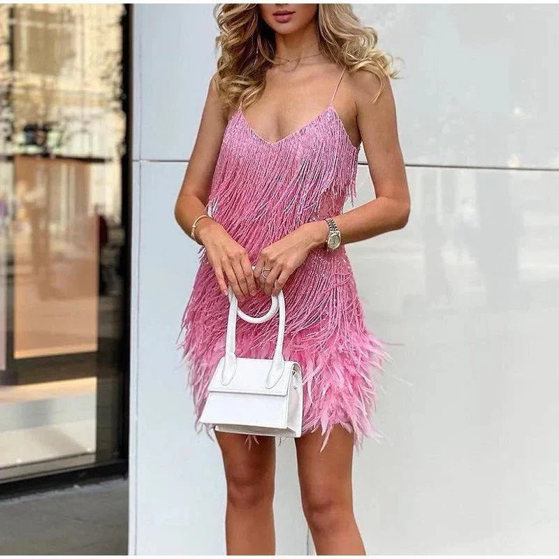 SEQUIN MINI DRESS | FRINGE DETAILING & FEATHER TRIM HEM