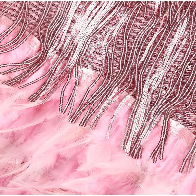 SEQUIN MINI DRESS | FRINGE DETAILING & FEATHER TRIM HEM