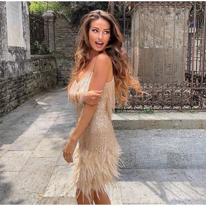 SEQUIN MINI DRESS | FRINGE DETAILING & FEATHER TRIM HEM
