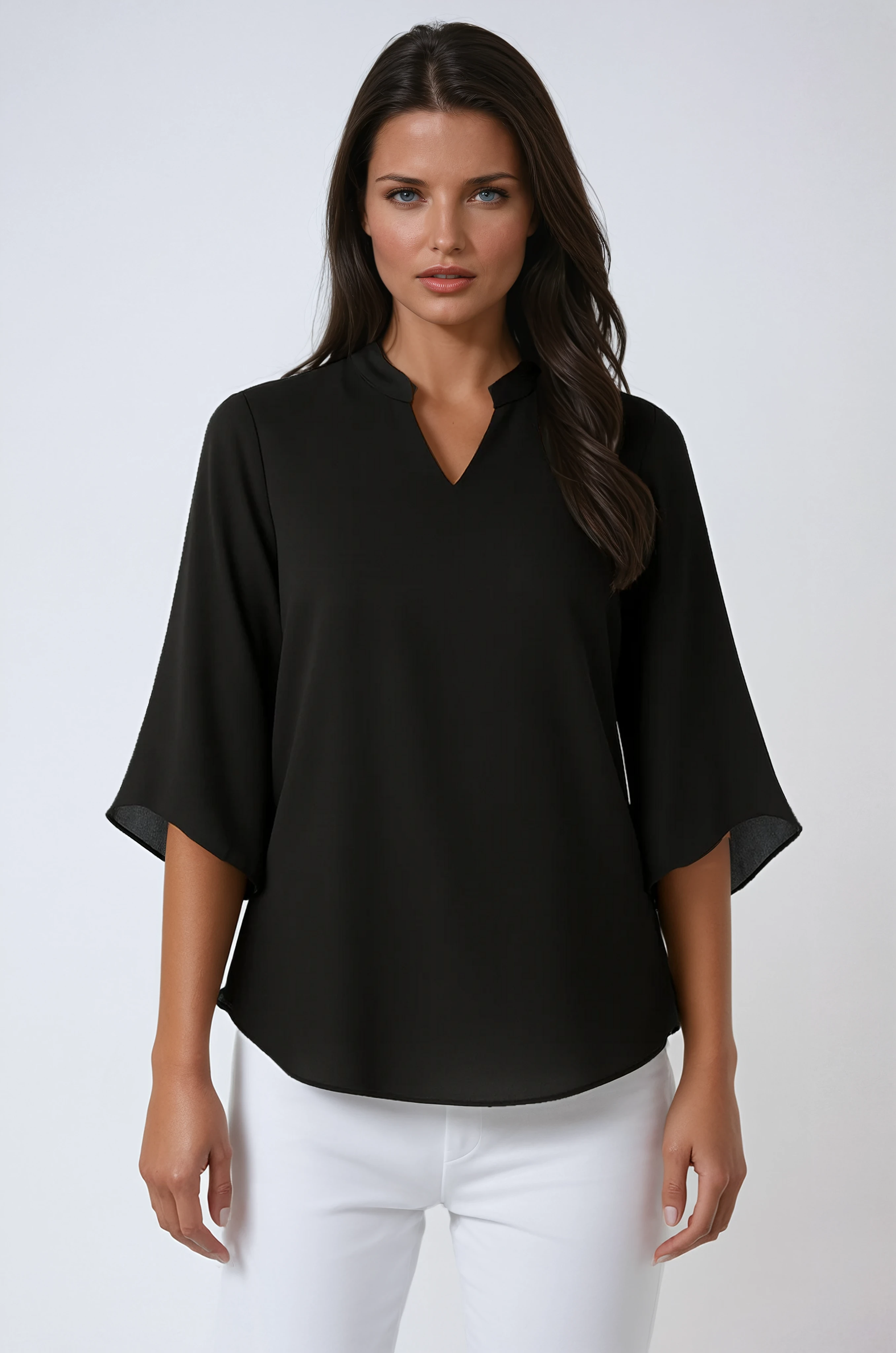 CHIFFON V-NECK BLOUSE - FLUTTER 3/4 SLEEVES