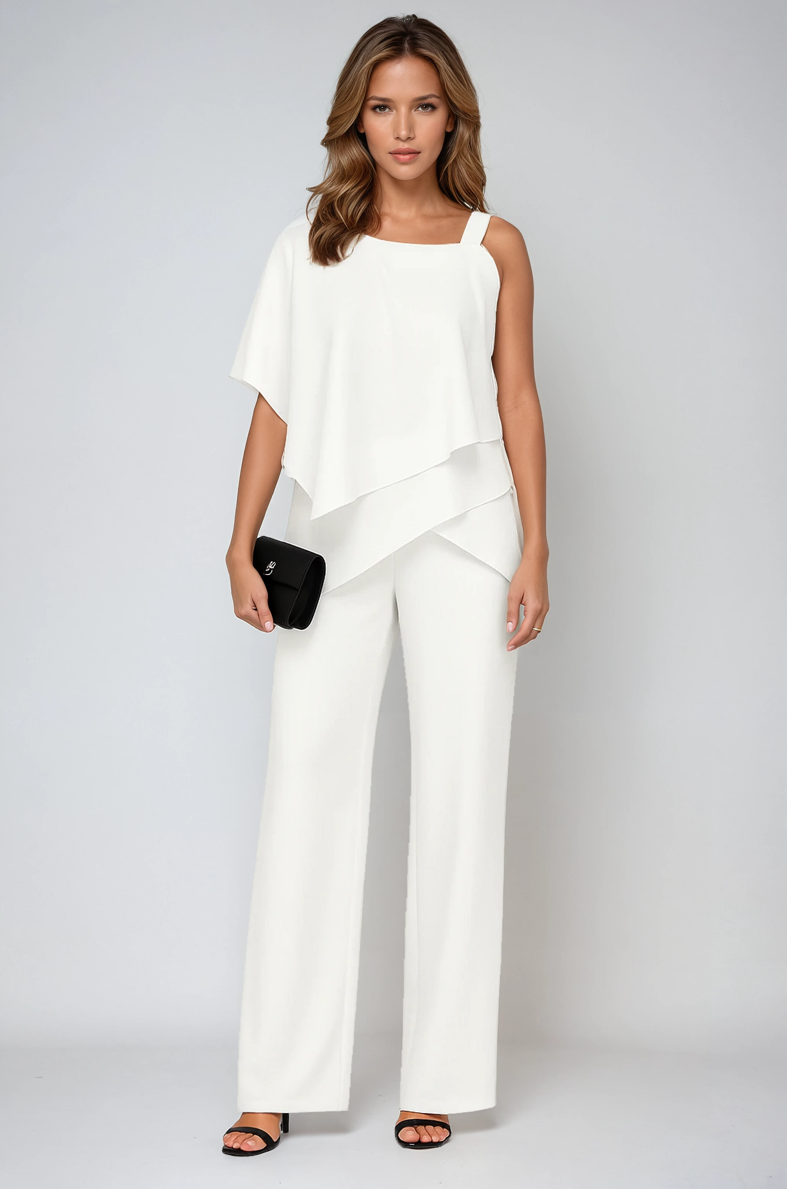 ASYMMETRICAL CHIFFON TOP & WIDE-LEG TROUSERS TWO-PIECE SET