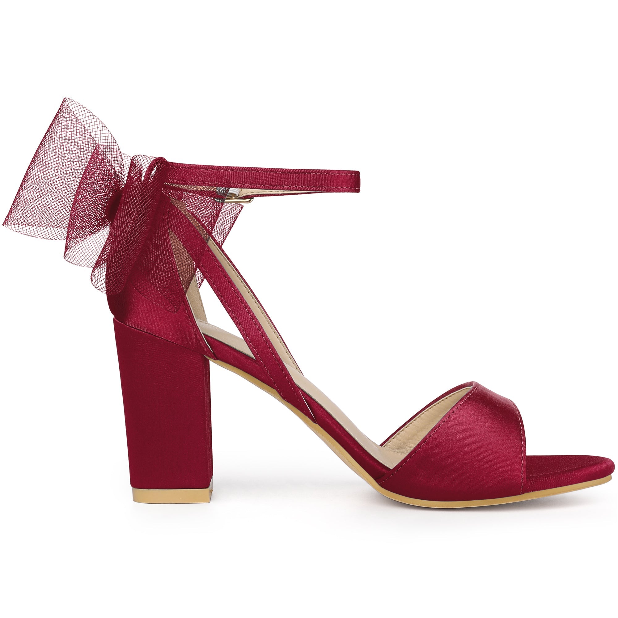 BLOCK HEEL PUMPS | OPEN TOE ANKLE STRAP WITH TULLE BOW