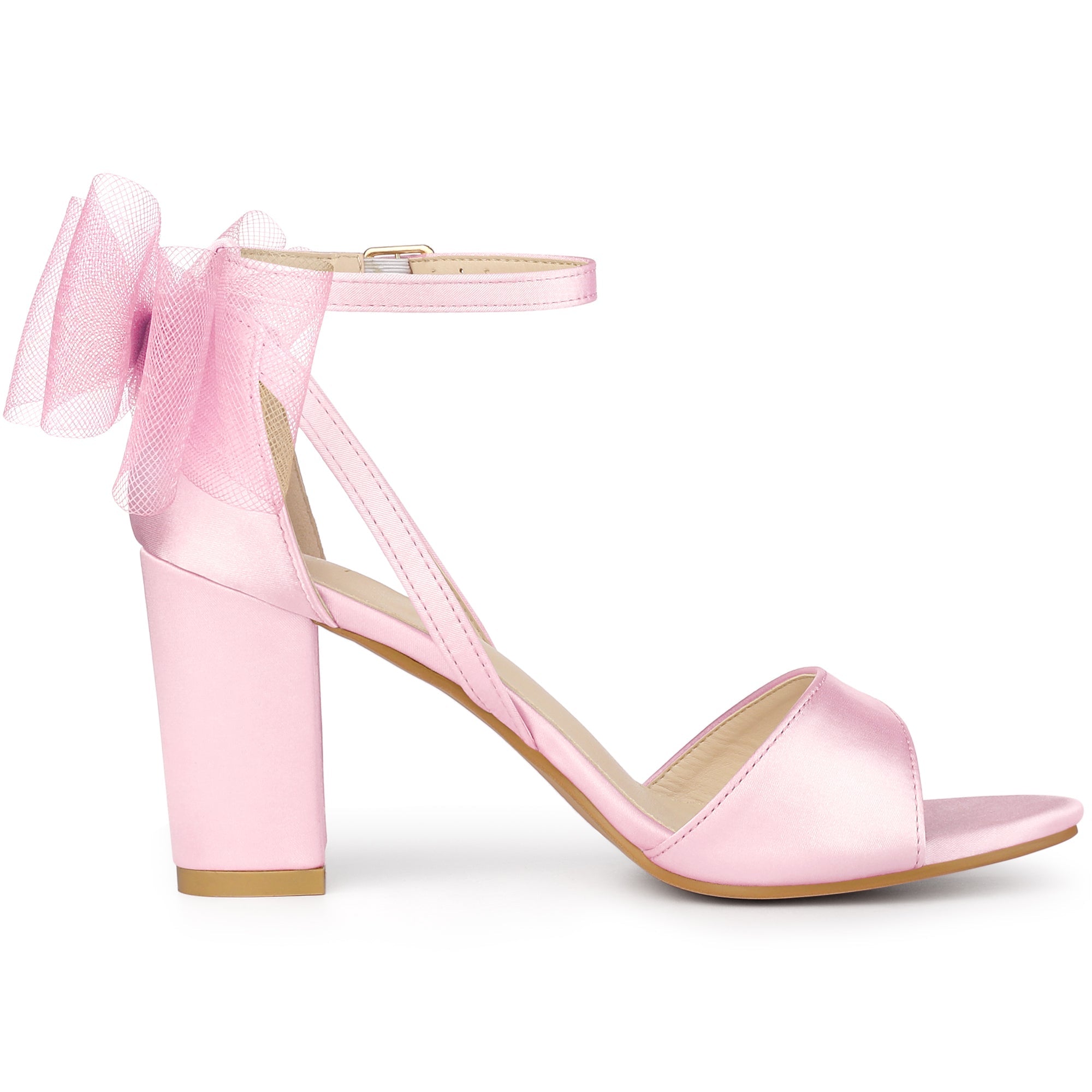 BLOCK HEEL PUMPS | OPEN TOE ANKLE STRAP WITH TULLE BOW