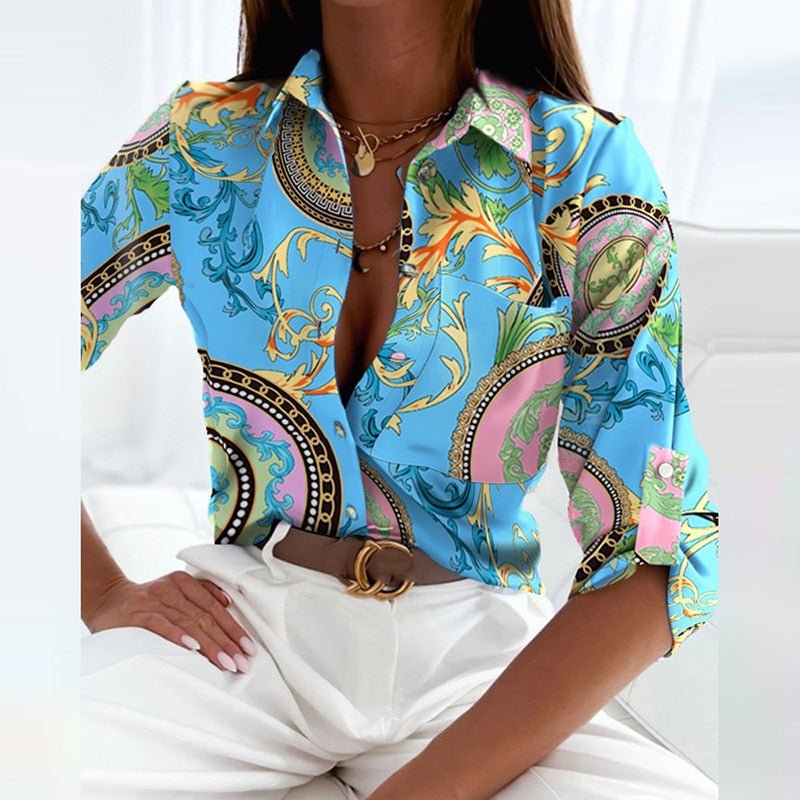 GRAPHIC CHIC | BLUE GEOMETRIC PRINT BUTTON-UP BLOUSE